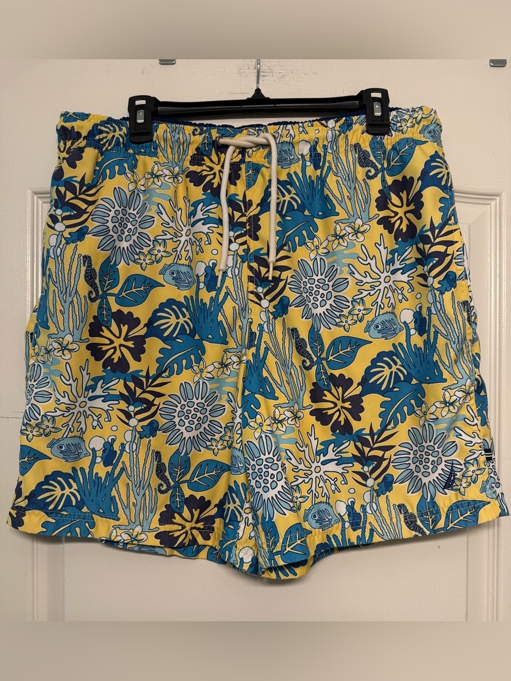 Nautica Mens L Swim Trunks Yellow Blue Tropical Print Mesh Lined 7 Inseam